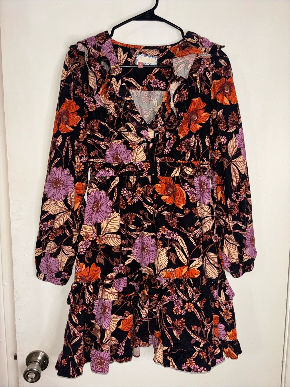 Pilcro Black Floral Tiered Long Sleeve Dress with Purple & Orange Flowers